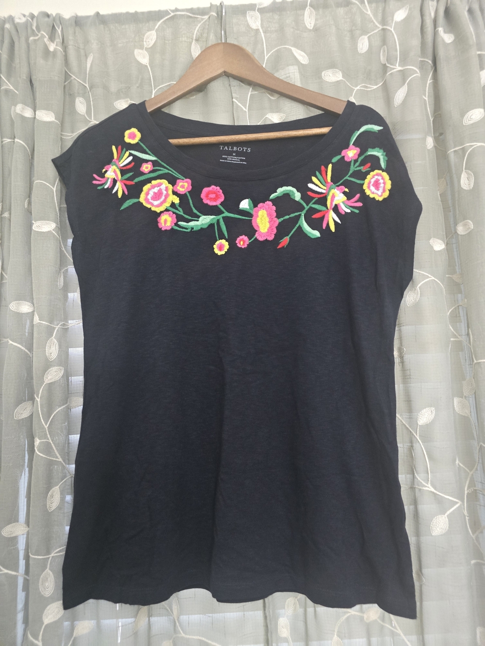 Talbots Navy Short Sleeve Tee with Pink & Yellow Floral Embroidery